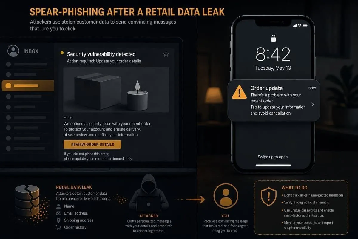 Illustration of fake order-update and security messages after a retail data leak
