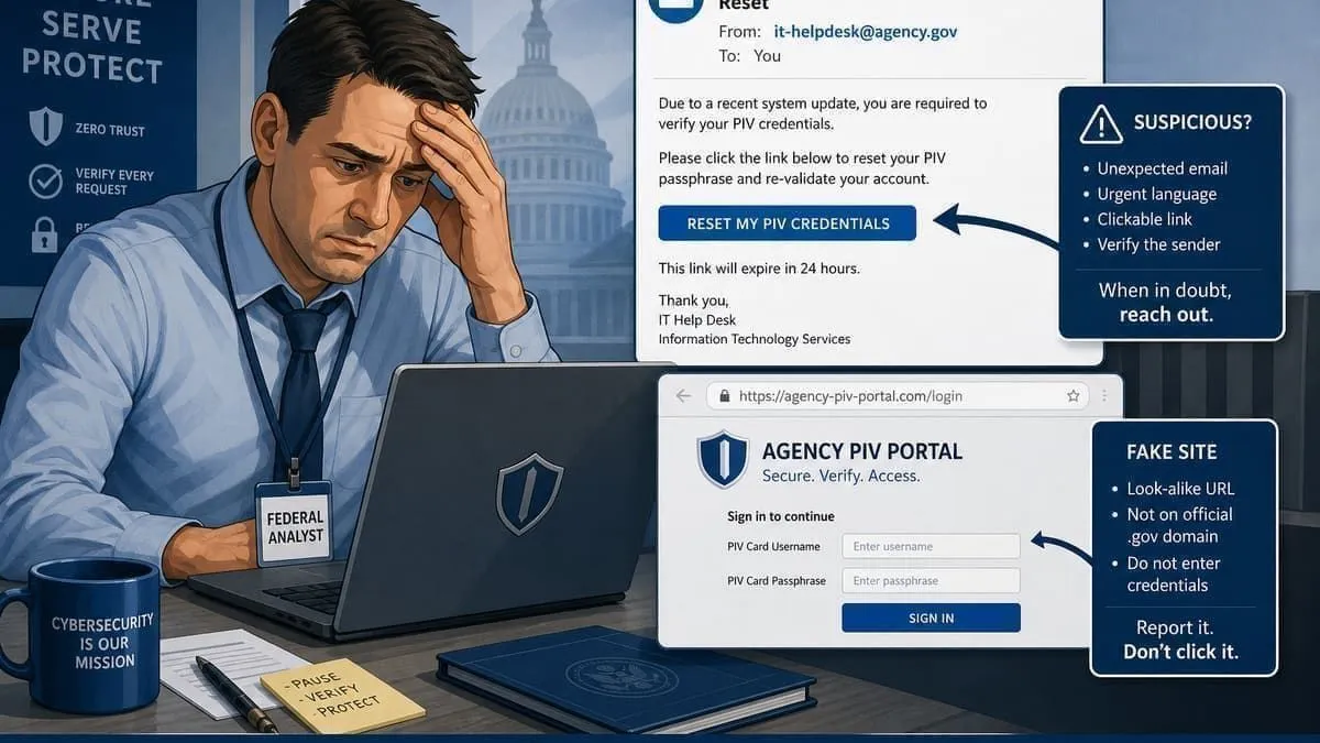 Illustration: federal analyst facing a fake agency password reset