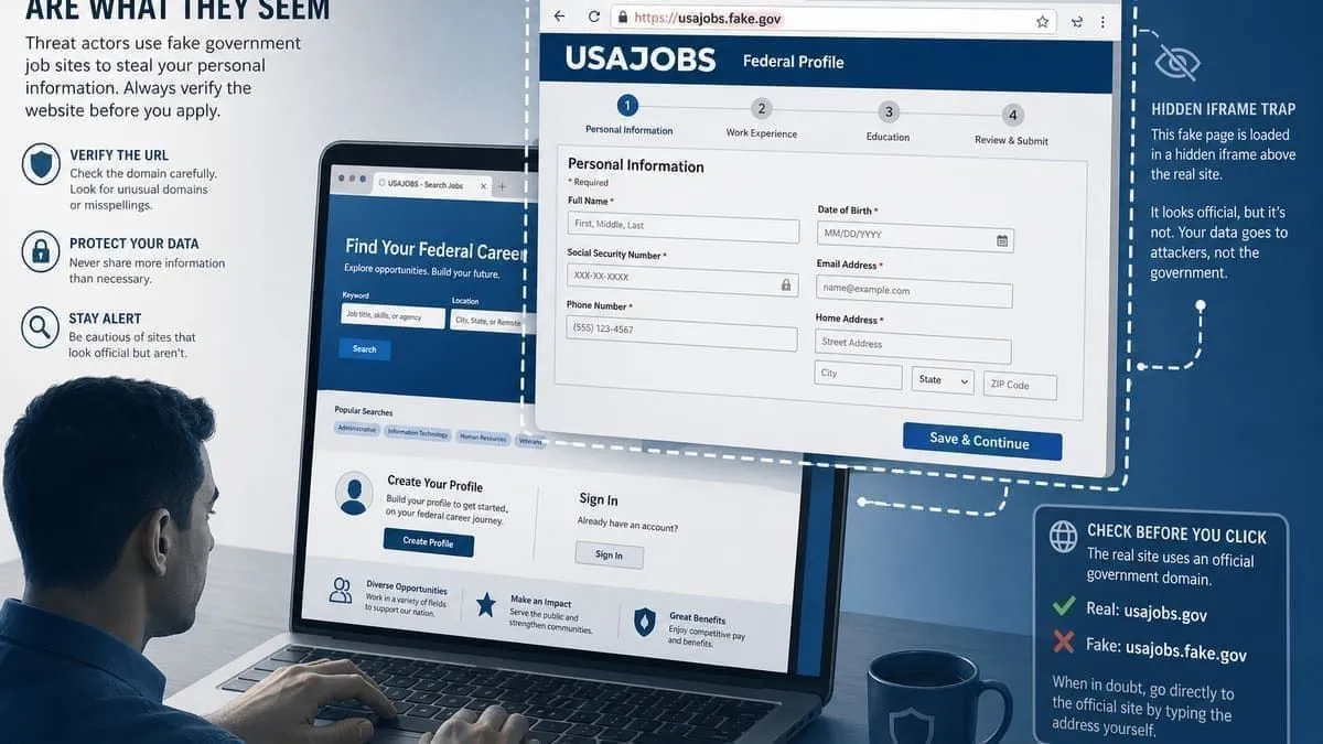 Illustration: applicant trapped on a fake USAJOBS profile page