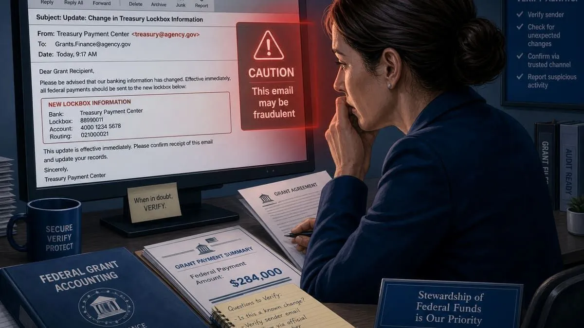Illustration: grants accountant reviewing a spoofed treasury lockbox change