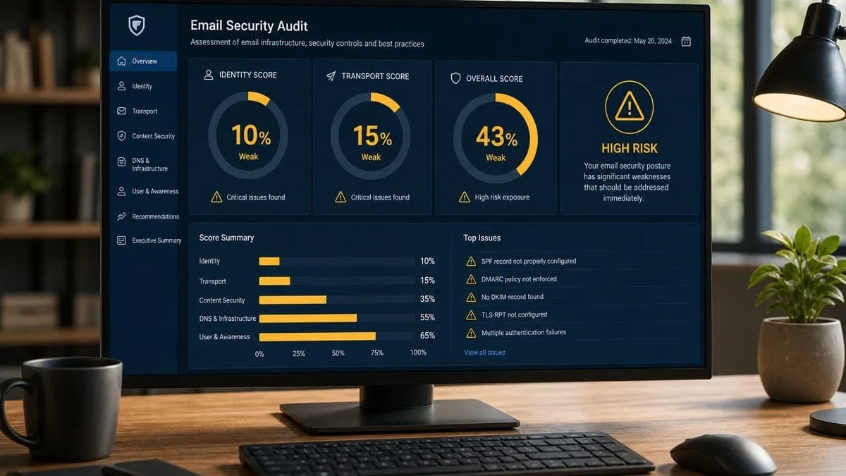 Illustration: gulshanenterprises.com audit with weak identity and transport scores