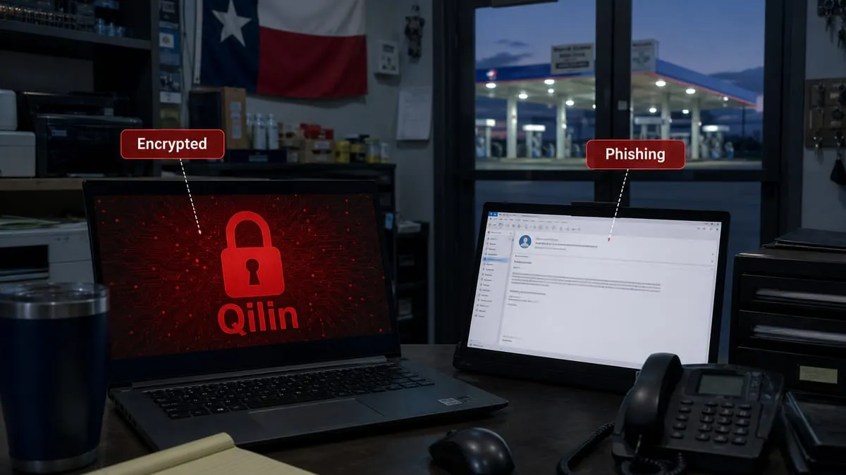 Illustration: Qilin ransomware and phishing path into a Texas convenience-store operator