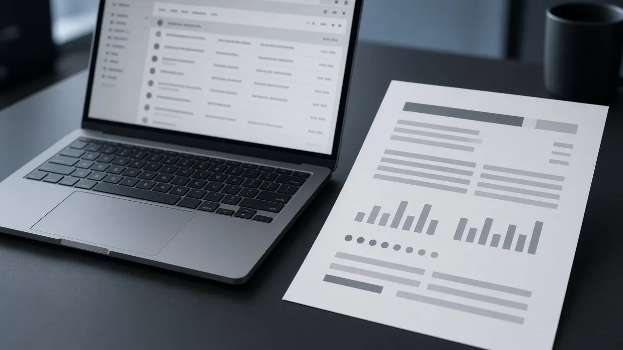 Laptop with a blurred inbox beside a redacted one-page security report