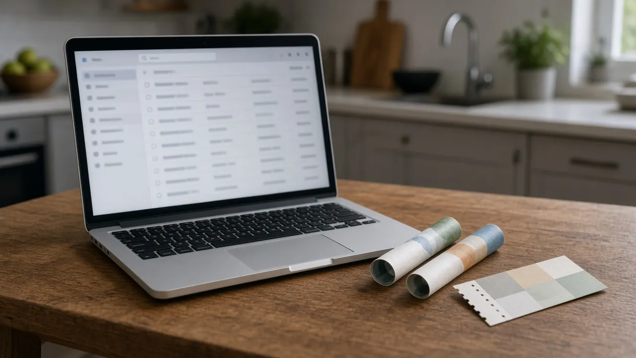Laptop with a blurred inbox beside blank wristbands and a ticket stub