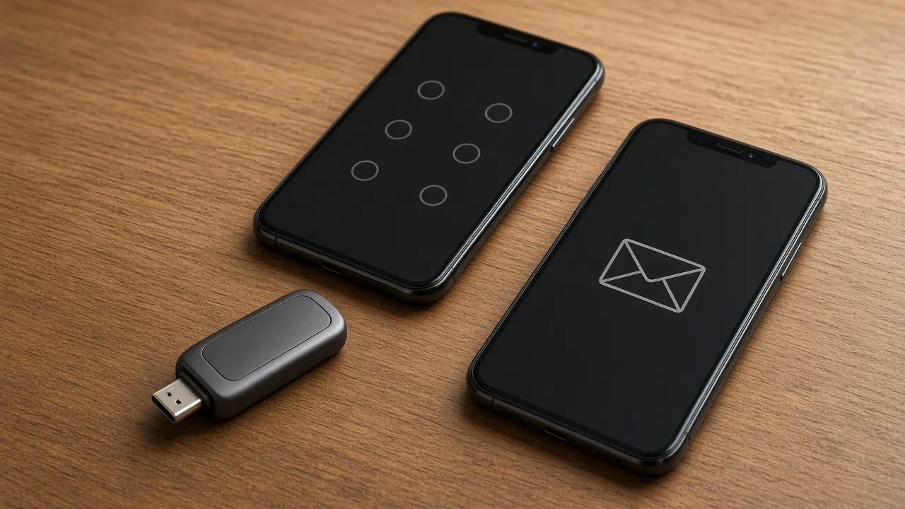 Hardware security key beside two phones, one for an authenticator-style code and one for a weaker SMS prompt