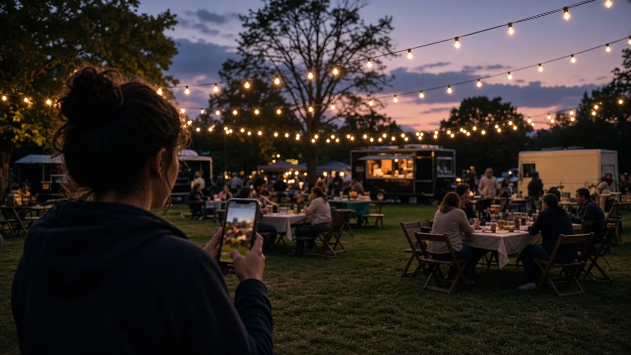 Dusk festival grounds with string lights and a phone held up but not showing a readable message
