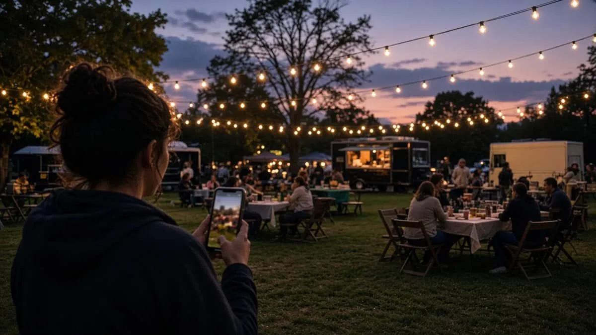 Dusk festival grounds with string lights and a phone held up but not showing a readable message