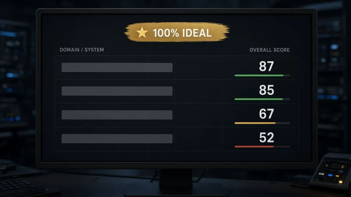 Domain audit scoreboard versus the 100 percent ideal
