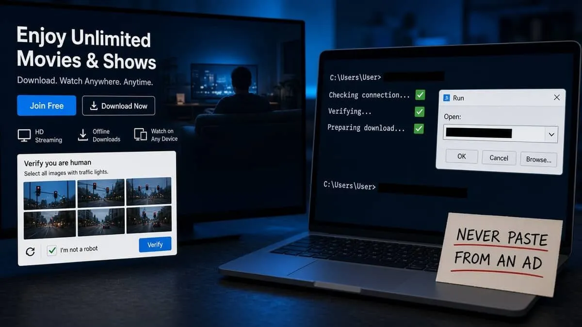 Fake streaming download page beside redacted Terminal and Run dialogs with a note never to paste from an ad