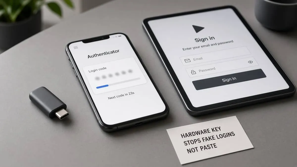 Hardware security key and phone authenticator beside a streaming login that only shows email and password