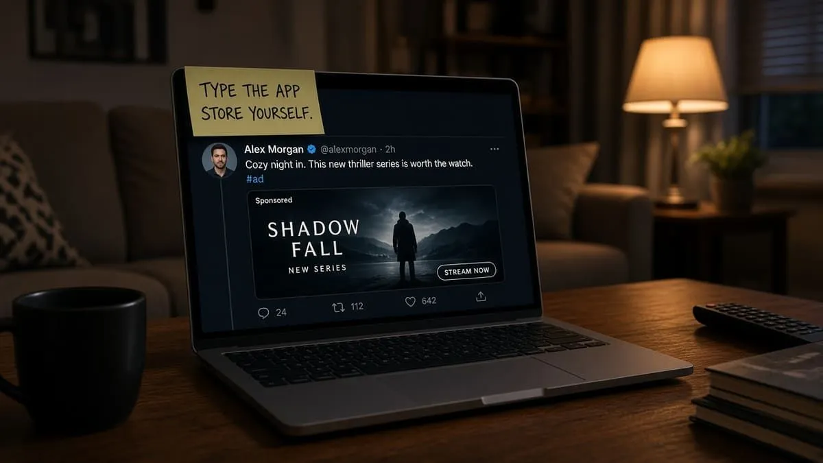 Laptop on a coffee table showing a verified social-feed ad for a streaming app, with a sticky note that says type the app store yourself