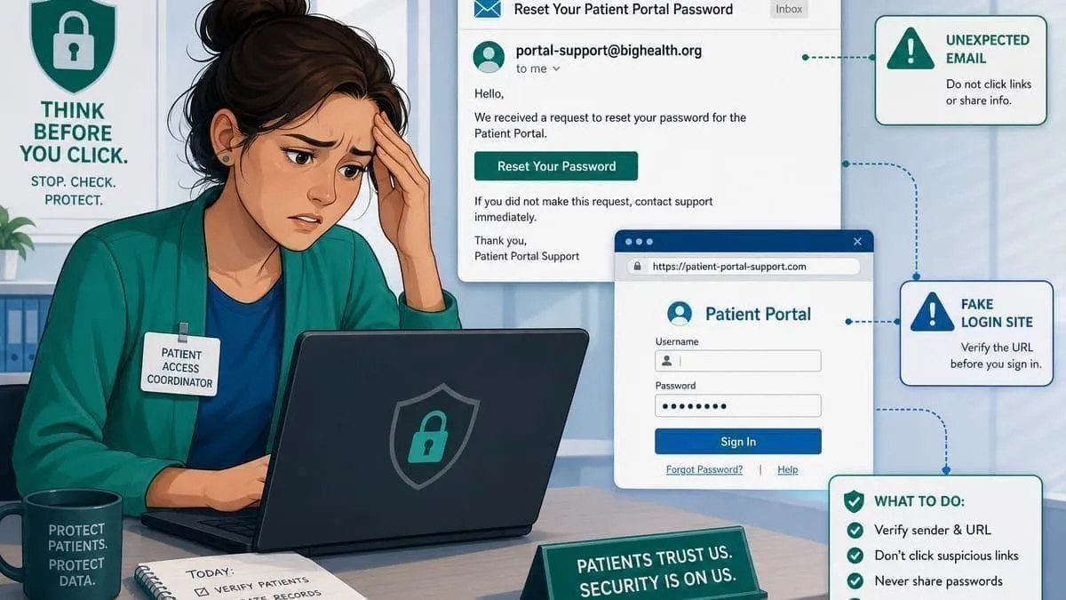 Illustration: patient access coordinator facing a fake portal reset
