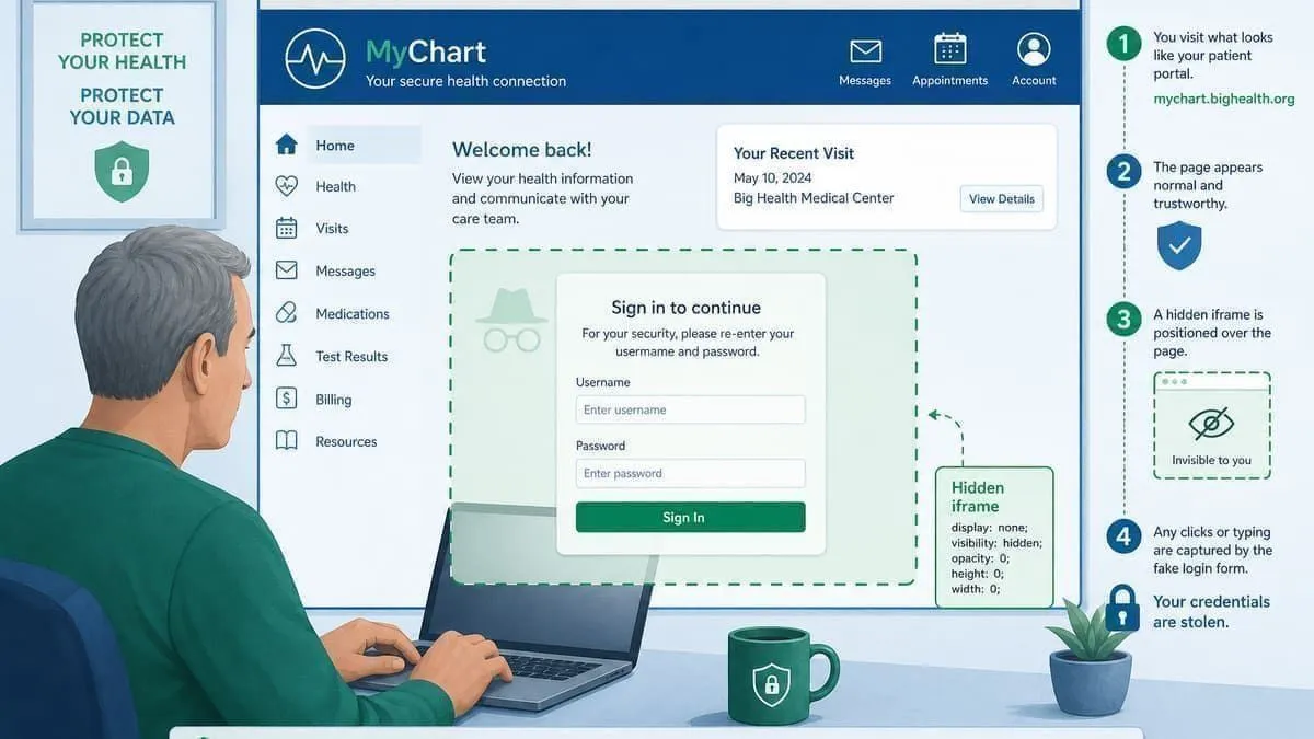 Illustration: patient caught on a fake medical records portal
