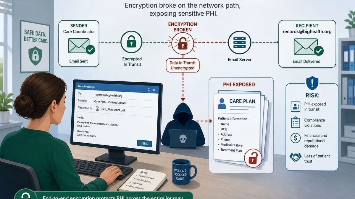 Illustration: treatment plan email exposed on an unencrypted path