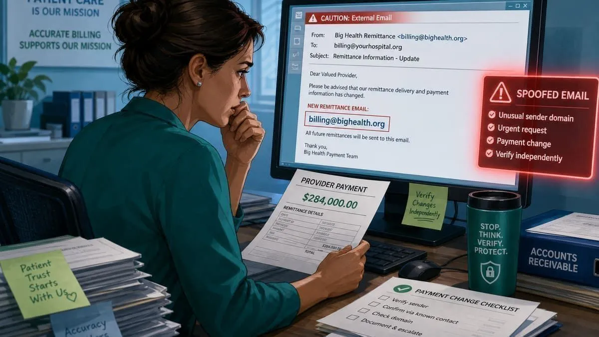 Illustration: billing staff reviewing a spoofed remittance account change