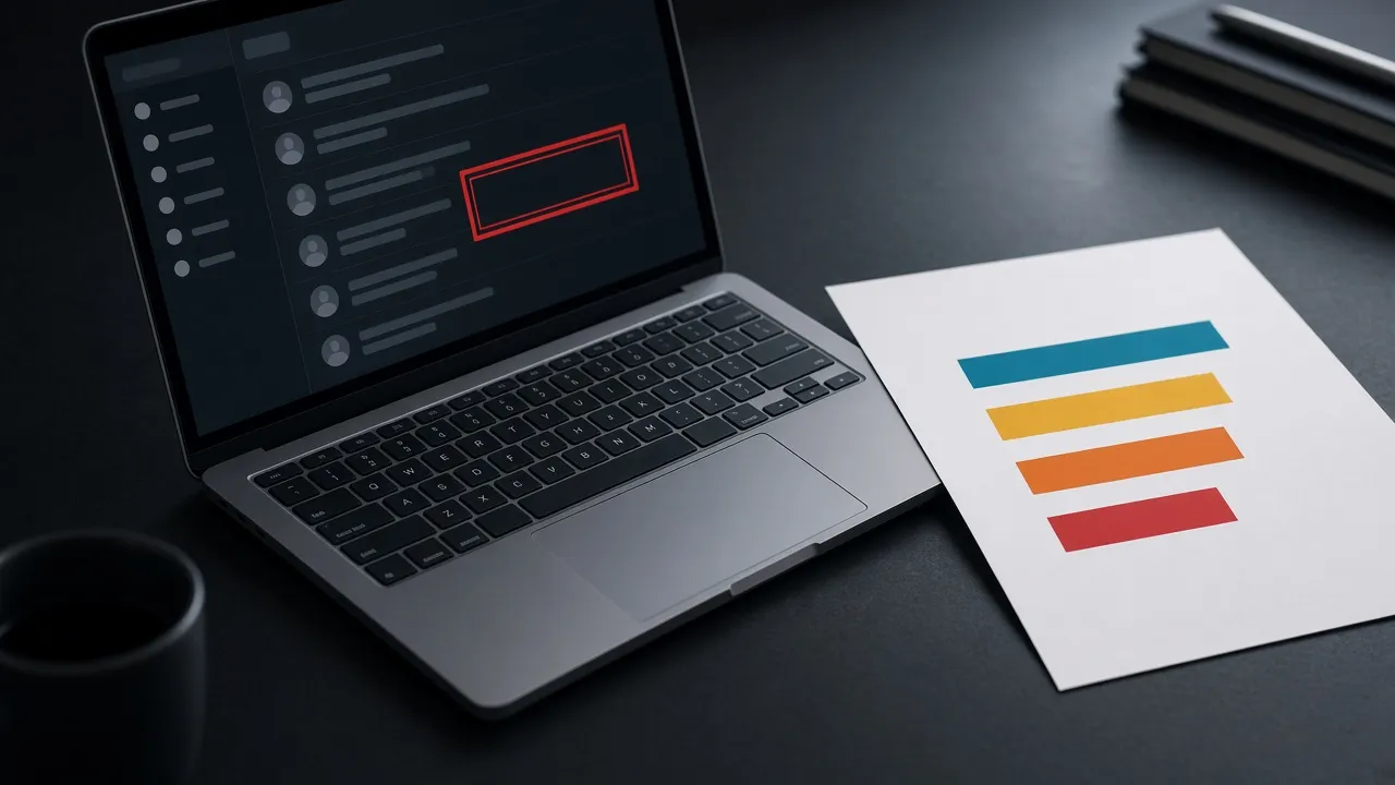 Laptop inbox with a blurred store notice beside a four-bar scorecard versus the 100 percent ideal