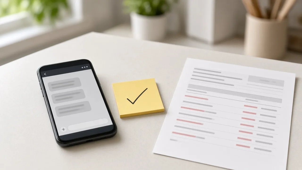 Phone with a blurred support text beside a packing slip and a sticky-note checkmark