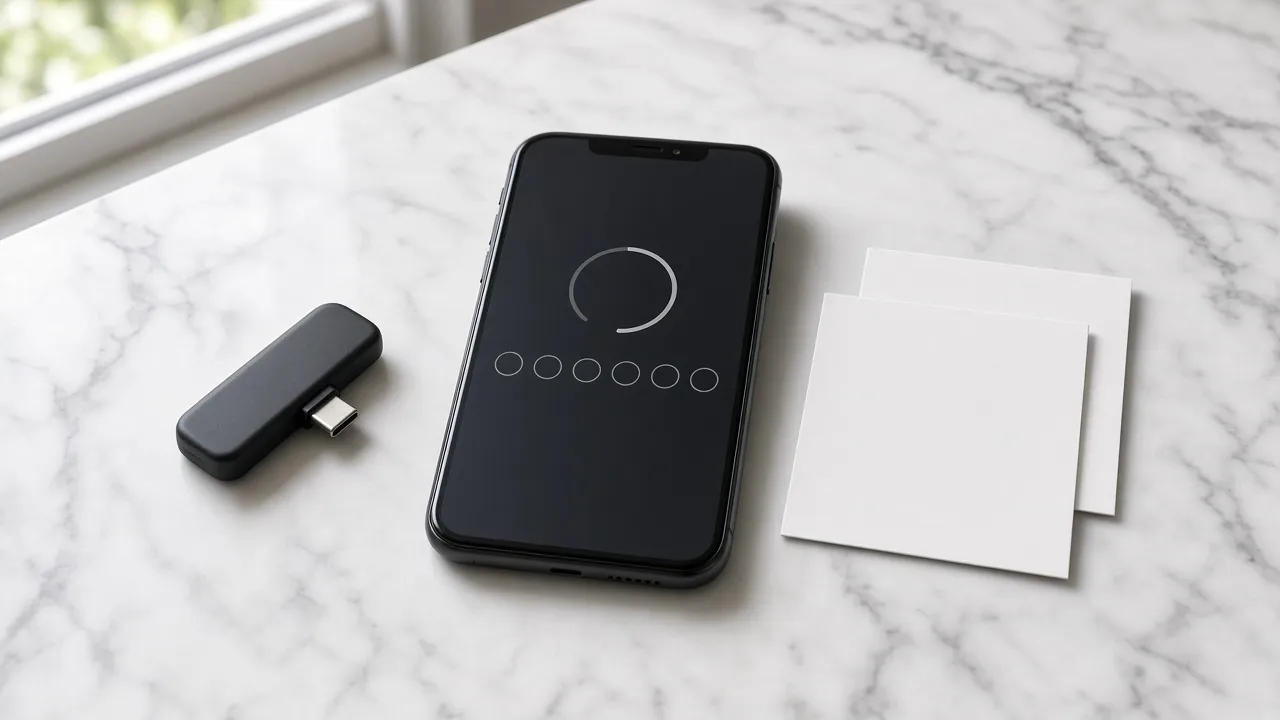 Hardware security key and authenticator phone beside blank cards — MFA does not recall a stolen address book