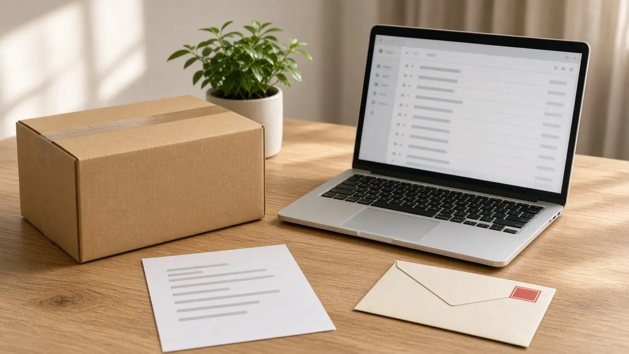 Sealed shipping box, redacted packing slip, and a laptop showing a blurred store email