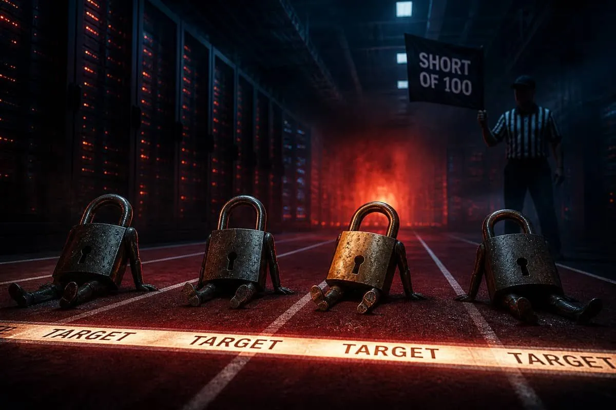 Padlocks stop short of a 100 percent finish line, illustrating domain audits that miss the ideal score