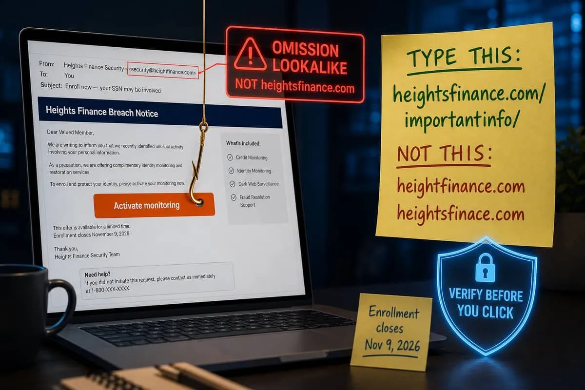 Inbox lure using a Heights Finance omission lookalike next to the official importantinfo URL