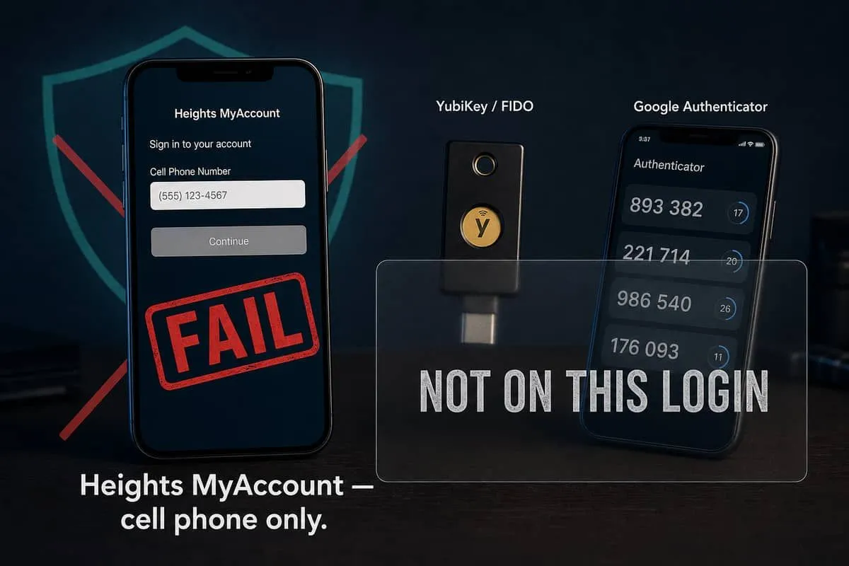 Heights MyAccount cell-phone sign-in contrasted with YubiKey and Google Authenticator, which are not offered