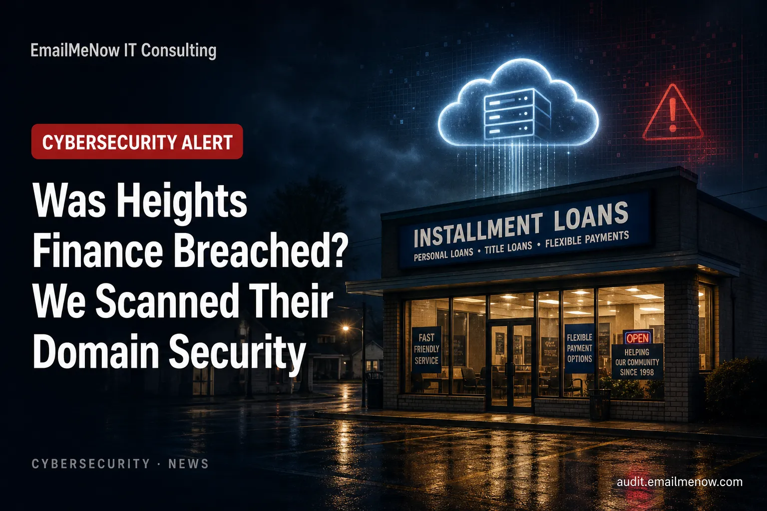 Cinematic consumer-lender storefront at night with a cloud-warning overlay asking whether Heights Finance was breached