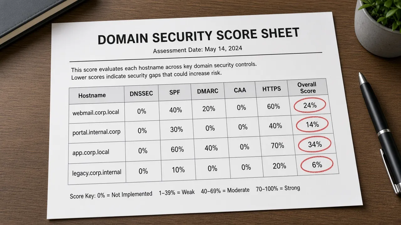 Printed domain-audit scores well below the 100 percent ideal