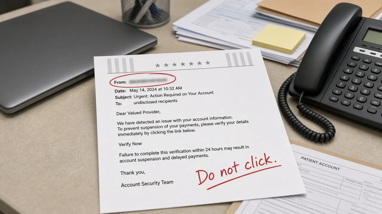 Printed phishing email on a billing desk with a handwritten Do not click note