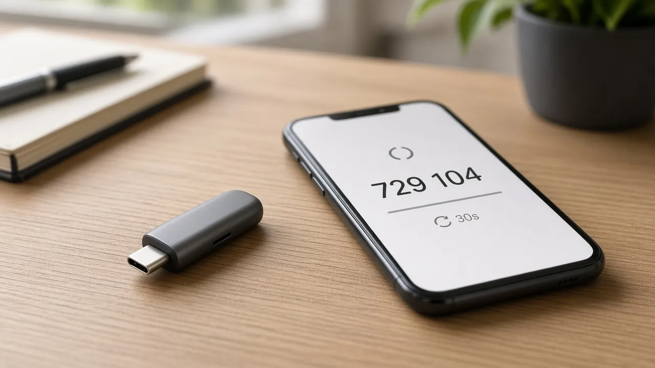 Hardware security key beside a phone showing a generic authenticator code