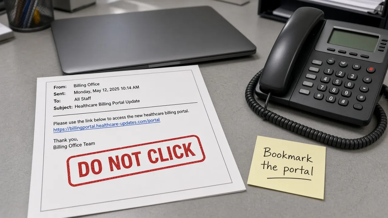 Healthcare billing desk with a printed email marked Do not click and a sticky note to bookmark the portal