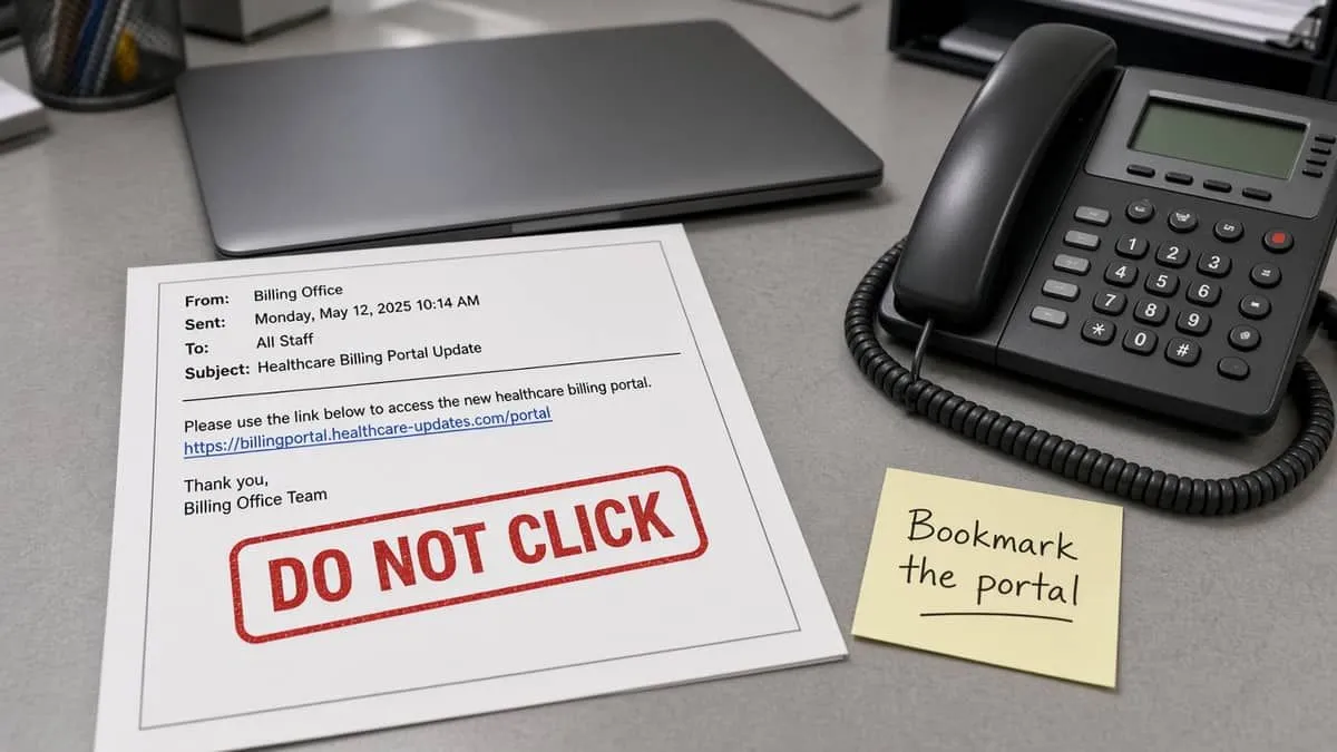 Healthcare billing desk with a printed email marked Do not click and a sticky note to bookmark the portal