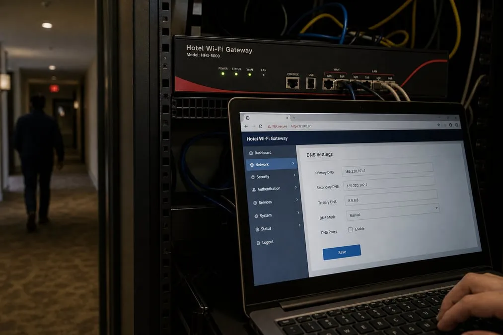 Hotel Wi-Fi captive portal gateway with DNS settings being altered