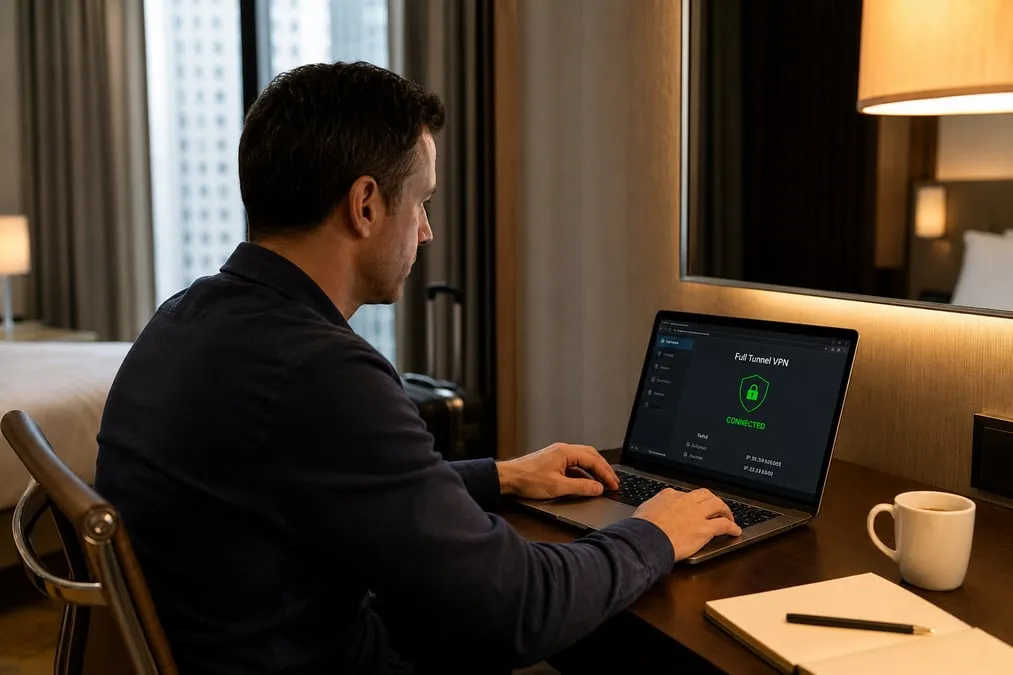 Business traveler using a full-tunnel VPN in a hotel room before checking email