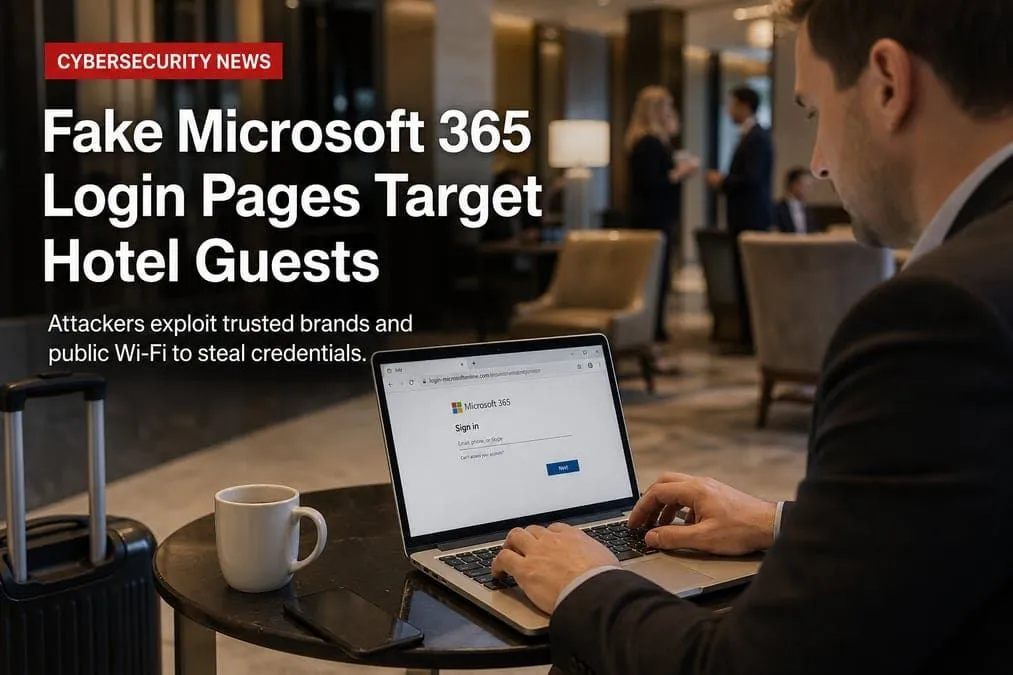 Hotel lobby traveler laptop showing a fake Microsoft 365 login on public Wi-Fi