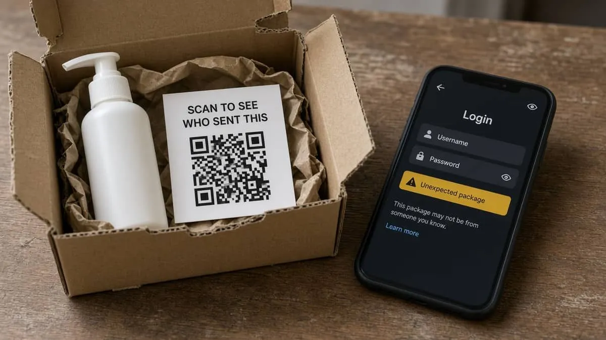 Opened box with a scan-to-see-who-sent-this card beside a generic fake login screen