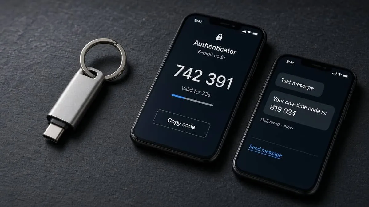 Hardware security key beside phones showing an authenticator code and a weaker SMS one-time code