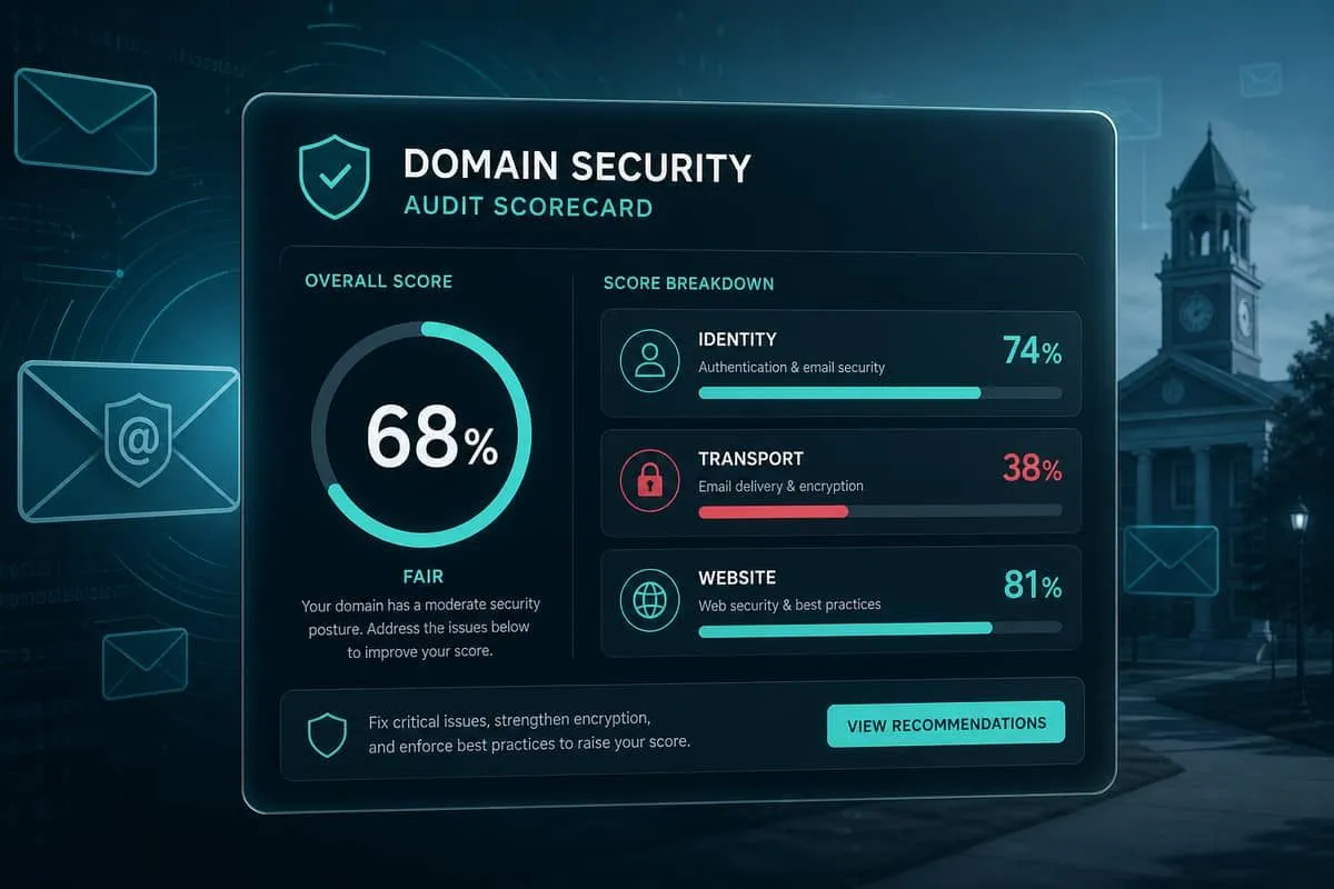 Illustration: hccs.edu email security audit showing 68% overall with weak transport