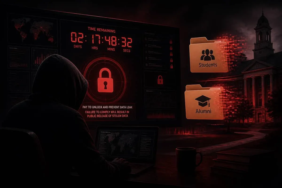 Illustration: ShinyHunters pay-or-leak extortion dashboard threatening college student and alumni data