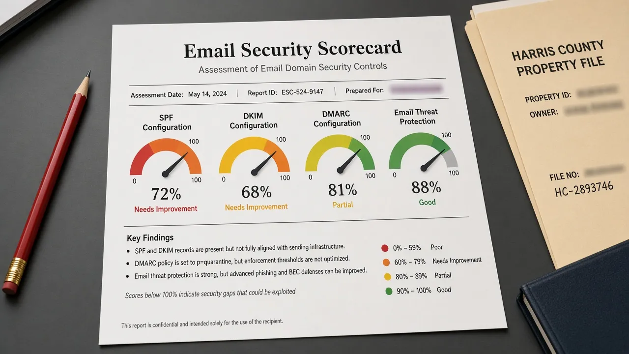 Printed email-security scorecard with four gauges below a 100 percent ideal