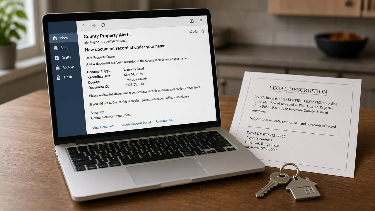 Laptop showing a county property-alert email with a slightly off sender domain