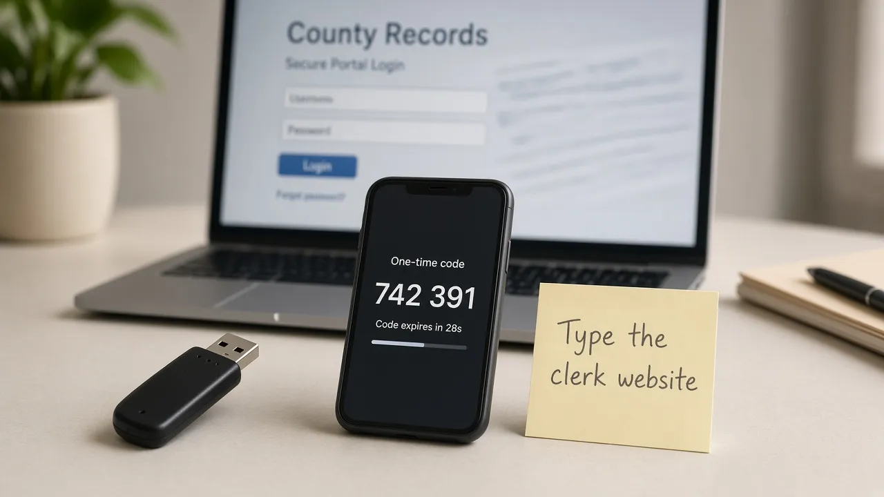 Hardware security key and phone authenticator in front of a blurred county records login
