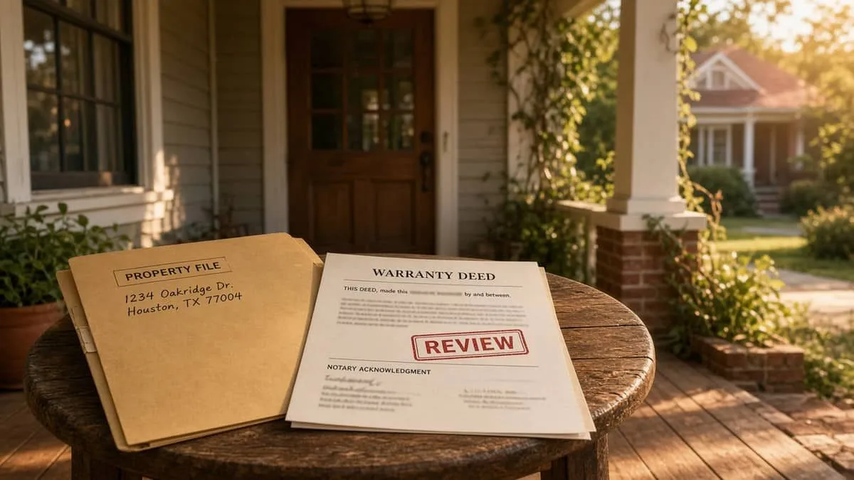 Houston porch table with a property folder and a deed marked for review