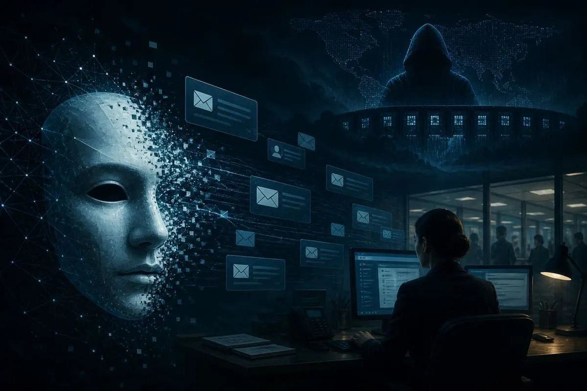 AI deepfake mask dissolving into phishing threads aimed at banking