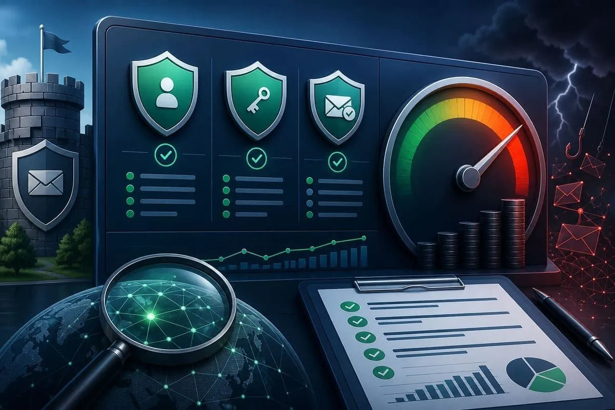 Domain audit shields and rising breach-cost meter metaphor