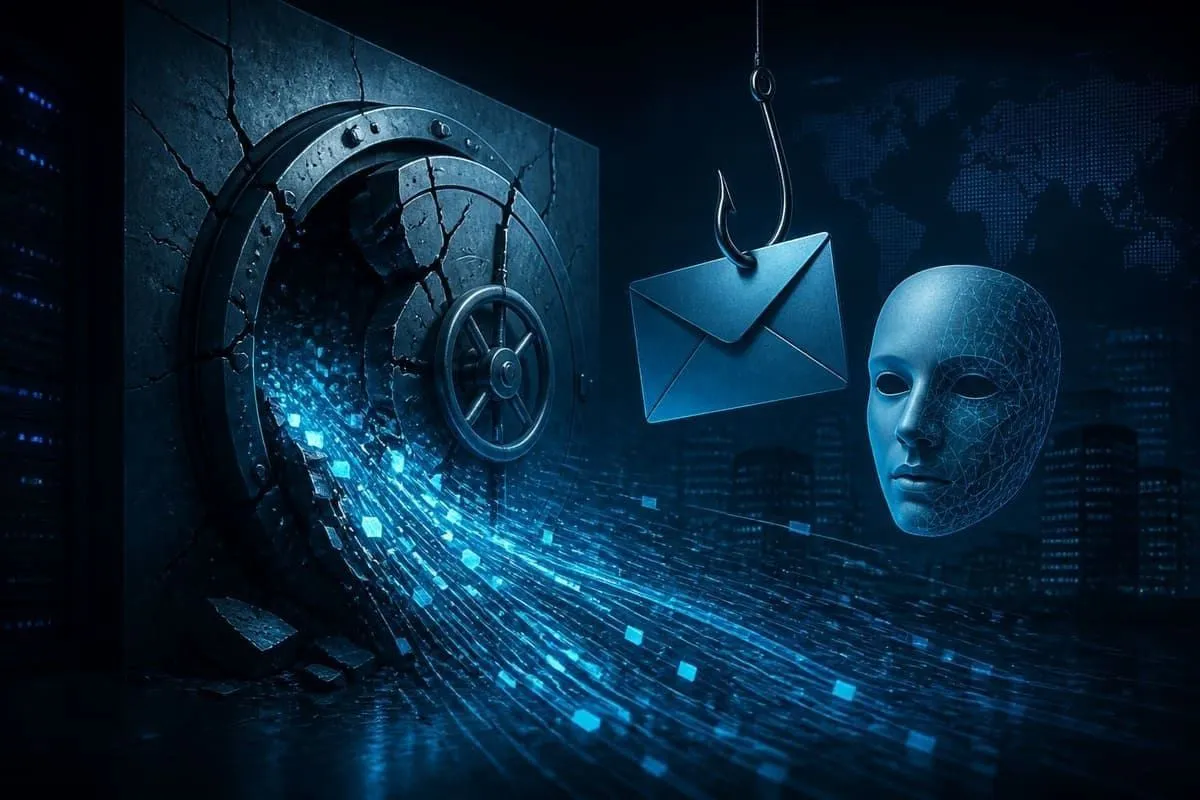 Illustration of a cracked digital vault with phishing and deepfake risk signals for the IBM Cost of a Data Breach Report 2026