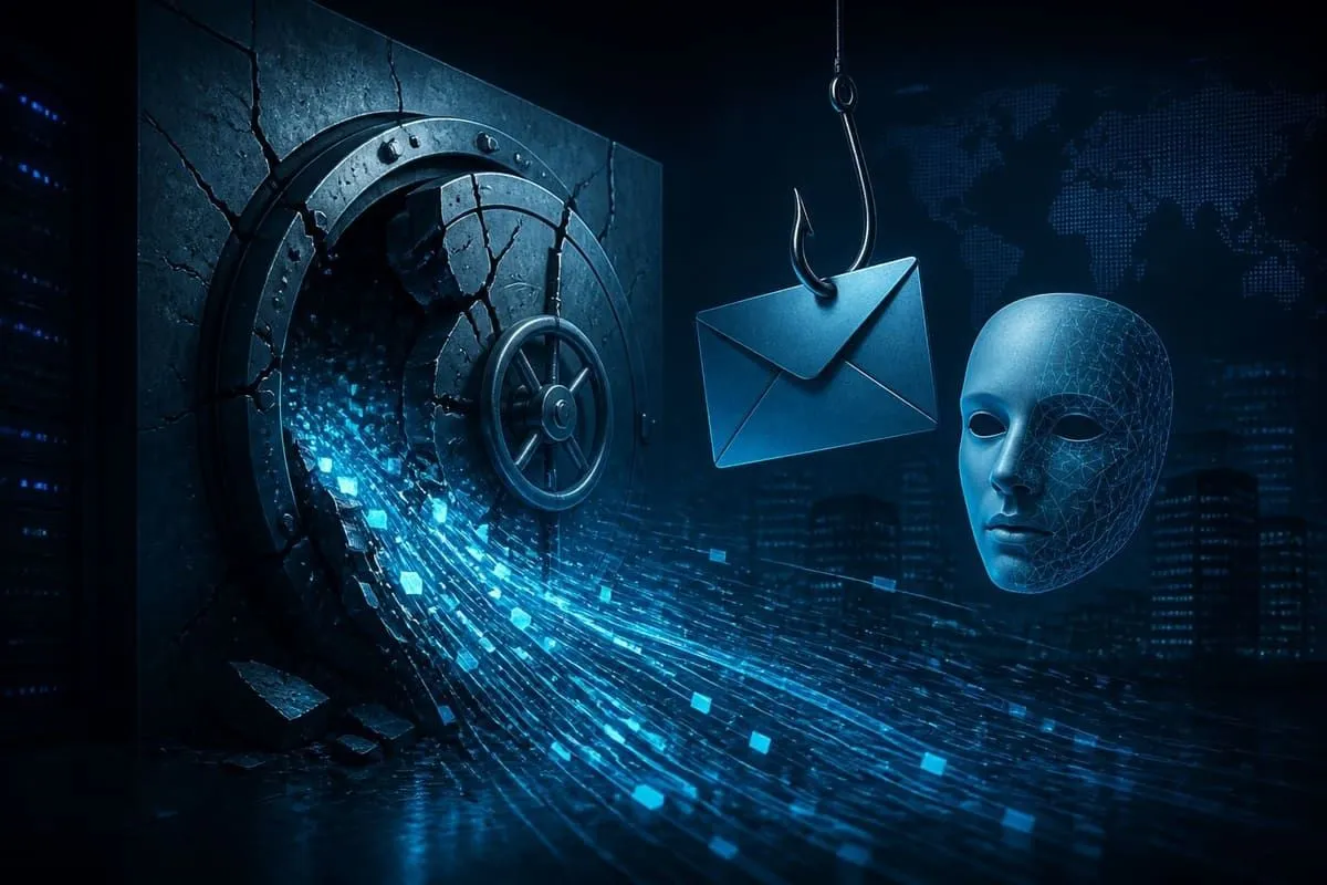 Illustration of a cracked digital vault with phishing and deepfake risk signals for the IBM Cost of a Data Breach Report 2026