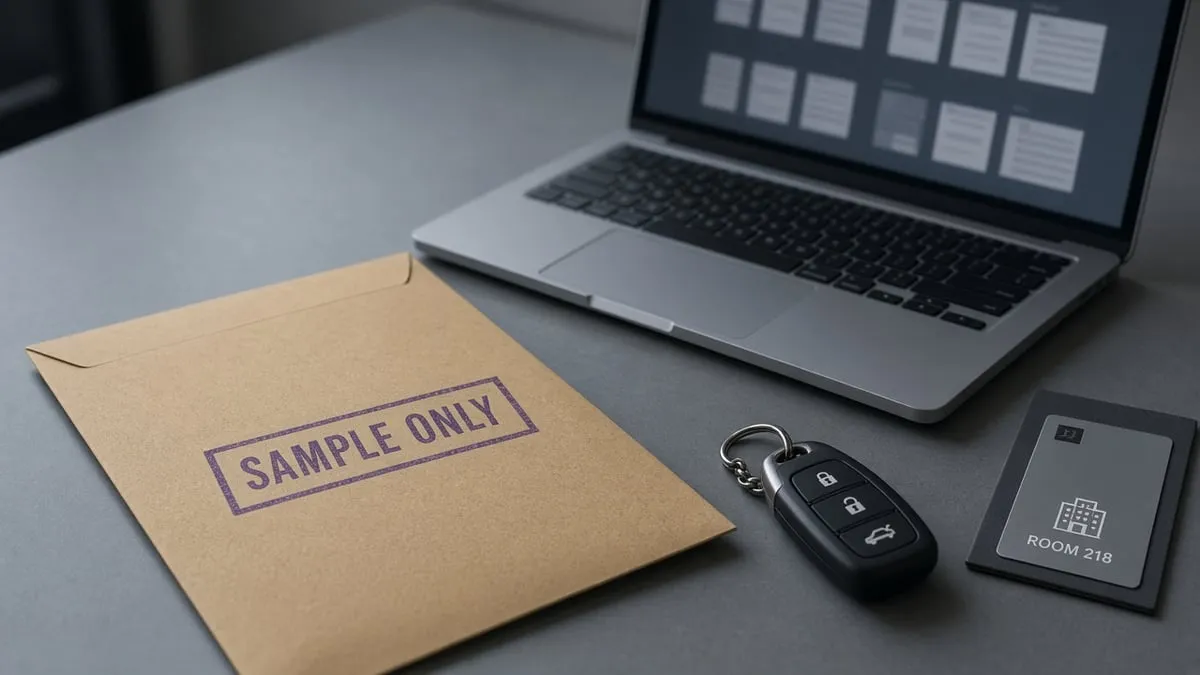 Sealed sample envelope beside a laptop showing only a blurred grid of empty document thumbnails