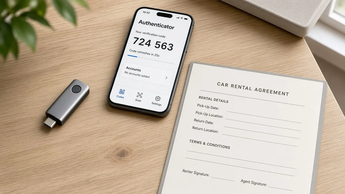 Hardware security key and phone authenticator beside a blank car-rental folder
