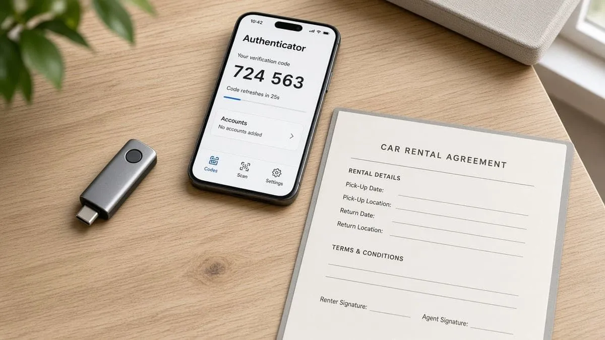 Hardware security key and phone authenticator beside a blank car-rental folder